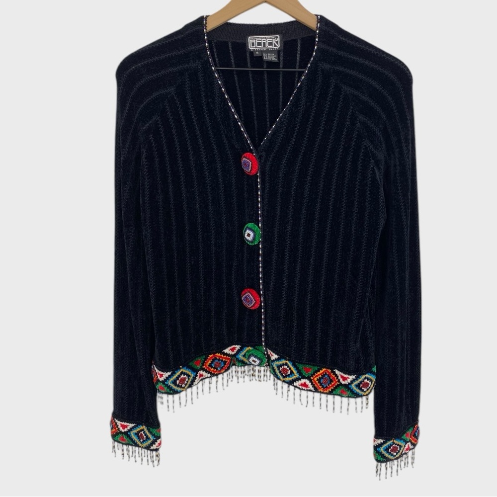 Berek by Takako Sakon Black Velour Beaded Fringe Cardigan Jacket Size Small